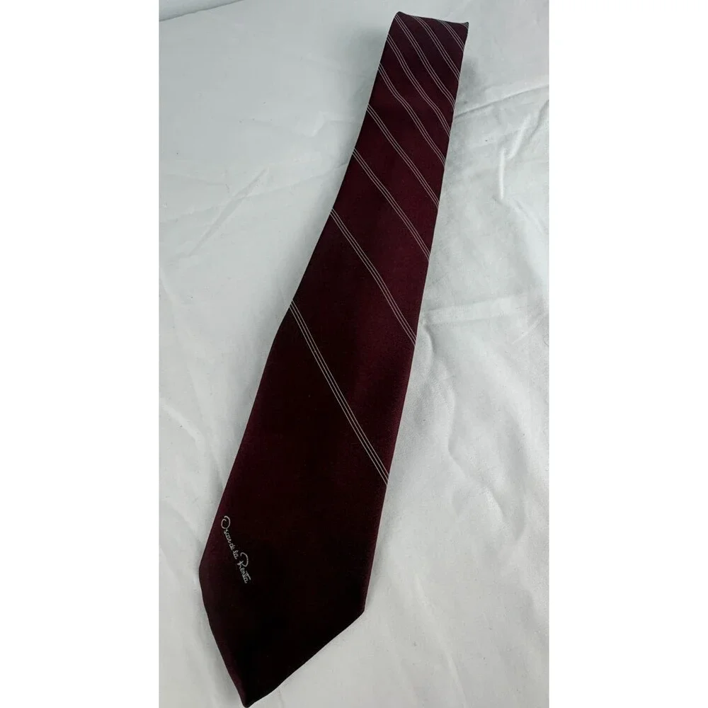 Lot of 2 Vintage Oscar de la Renta Pinstripe Silk Neck Ties Set Burgundy Navy